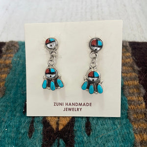 Zuni Inlay Multi Stone & Sterling Silver Dangle Earrings