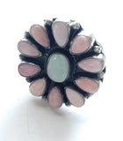 Navajo Golden Hills Turquoise, Pink Conch, and Sterling Silver Adjustable Ring Signed C. Yazzie