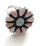 Navajo Golden Hills Turquoise, Pink Conch, and Sterling Silver Adjustable Ring Signed C. Yazzie