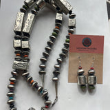 Navajo Beaded Muli Stone Hand Stamped Sterling Silver Necklace Earrings Set Signed Sophia Becenti