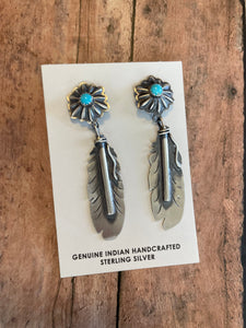 Navajo Sterling Silver Turquoise Feather Dangle Earrings