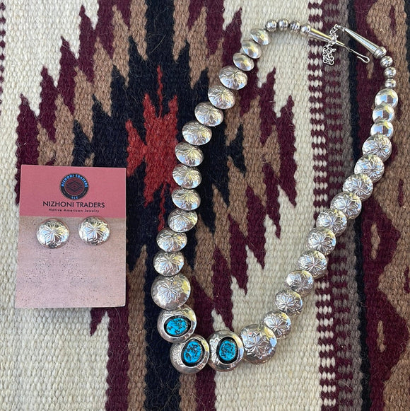 Navajo Sterling Silver Beaded Necklace And Dangle Earring Set