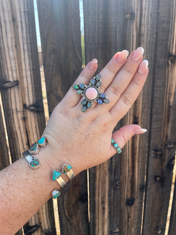 “The Love Bug” Handmade Pink Conch, Opal And Sterling Silver Adjustable Ring Signed Nizhoni