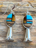 Navajo Turquoise, Onyx, Petrified Wood & Sterling Silver Blossom Dangle Earrings