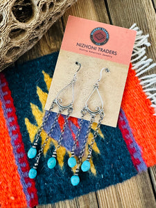 Navajo Sterling Silver & Turquoise Beaded Chain Dangle Earrings