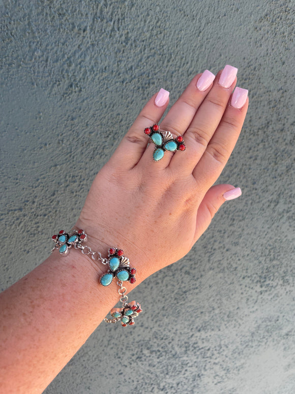 “The Prickly Bracelet” Handmade Sterling Silver, Turquoise & Coral Cactus Bracelet