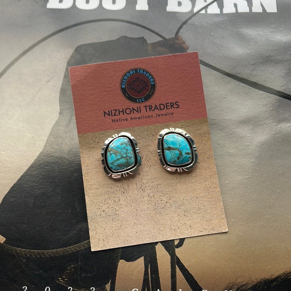 Navajo Turquoise And Sterling Silver Post Square Earrings