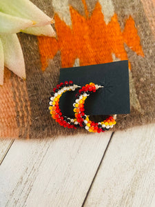 Navajo Handmade Beaded Hoop Earrings- Red/Orange