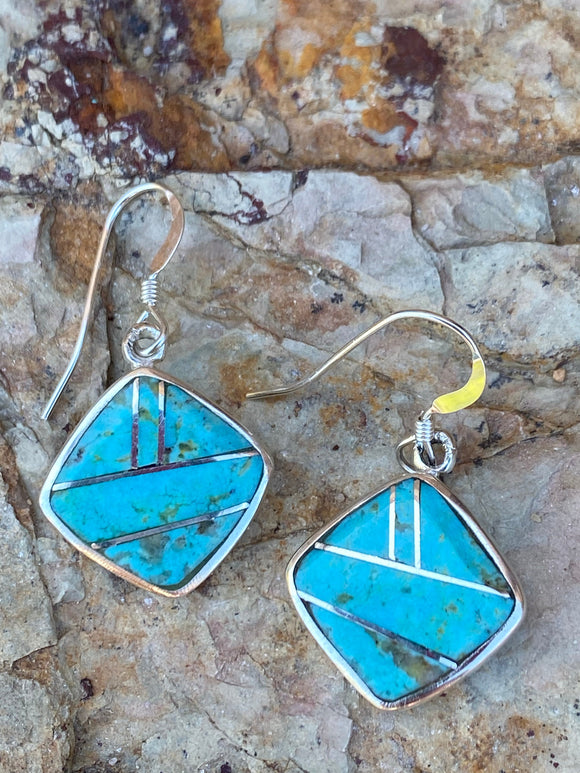 Navajo Turquoise 8 & Sterling Silver Mini Square Dangle Earrings