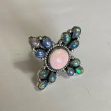 “The Love Bug” Handmade Pink Conch, Opal And Sterling Silver Adjustable Ring Signed Nizhoni