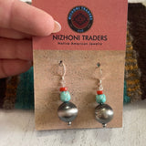 Navajo White Water Turquoise, Natural Coral & Sterling Silver Earrings