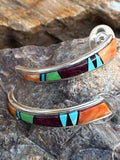 Navajo Turquoise Orange Spiny Half Hoop Stud Earrings