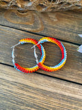 Navajo Handmade Beaded Hoop Earrings-multi red, LT blue