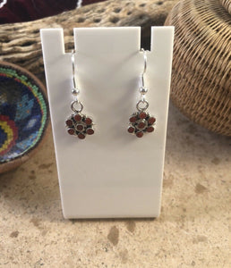 Zuni Petit Point Red Coral  Sterling Silver Dangle Earrings