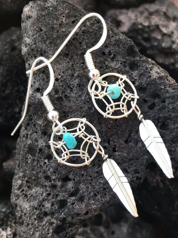 Navajo Sterling Silver  Turquoise Dream Catcher, Dangle Earrings